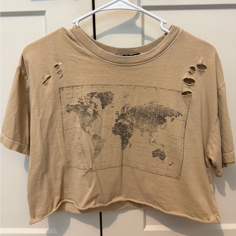 Forever 21 Beige Distressed Map Crop Top
